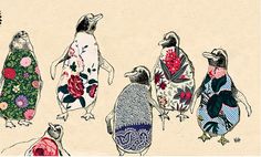 an image of four penguins with flowers on them