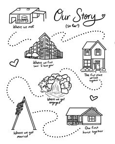 a black and white drawing with the words our story