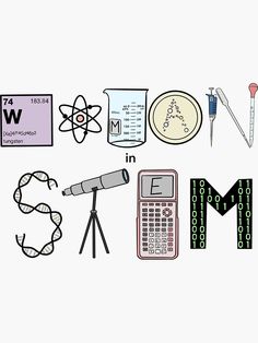 the letters m are made up of various items such as a calculator, microscope, and pen