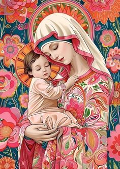 the virgin mary holding a child in her arms with colorful flowers around it and an ornate background