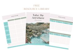 three free printables for the take me anywhere travel planner, including an image of a swimming pool