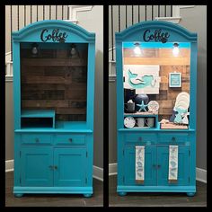 Perfect coffee/beverage bar or hutch for your coastal beach house. Accessories can be purchased.  I have this armoire in stock and ready to design.  All coffee bars can be designed and personalized by the buyer if you are wanting to customize colors and accessories.  I have several different styles of armoire bars to view in my listings. Or come up with one of your own!  This one was completed in a Figi color and accessorized with beach decor.  This vintage beverage bar was made out of a solid wood piece of furniture.  The color is a beautiful Figi satin finish Behr paint, with a wood-like panel board on the back. It can be made with real wood for an extra cost.  It comes with two glass globe lights with on and off switches, and bronze-gold hardware.  The light shines on the board so prett Coastal Wine Bar, Beach House Accessories, Armoire Bar, Coffee/wine Bar, Coffee Cabinet, Beverage Bar, Coastal Beach House, Coffee Bars, Panel Board