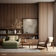 a living room with wooden paneling and furniture on the floor, along with a coffee table