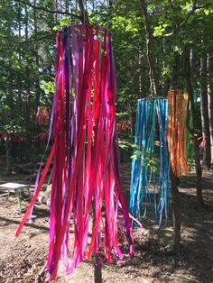 colorful streamers hanging from trees in the woods