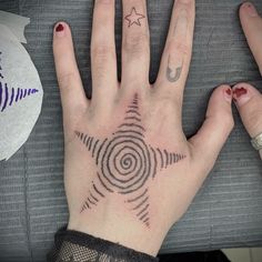 a person's hand with tattoos on it, and two fingers in the background