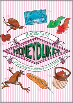 an image of a poster with some animals and things on it's side that says honeyduke