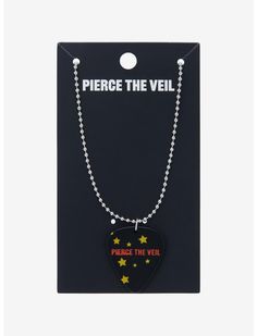 a black guitar pick with stars on it and the words pierce the veil written in red