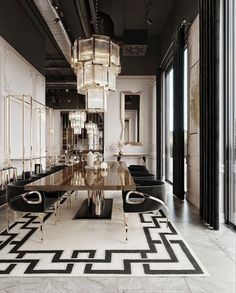 an elegant dining room with chandelier and marble flooring, black and white decor