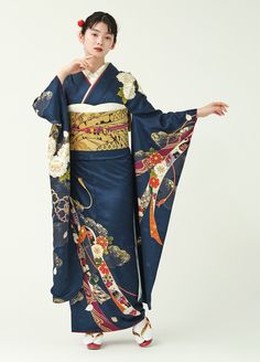 振袖　八重桜秘めて-紺色-（ご予約受注品） | 振袖 | やまとオンラインストア Kimono Rental, Kabuki Costume, Chinese Fancy Dress, Japanese Traditional Clothing, Traditional Japanese Kimono, Japan Kimono, Wrinkled Clothes