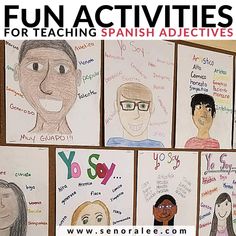 a bunch of kids's art work with the words fun activities for teaching spanish adject