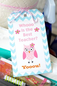 a teacher's gift tag that says who is the best teacher? with an owl on it