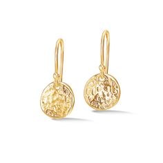 Made in our London studio, this pair of sterling silver 10mm round disc drop earrings have our signature hammered texture and a radiant yellow gold vermeil finish.  Total length - approx. 20mm Dower & Hall designs their jewellery to be worn and treasured. Here are a few simple guidelines to keep your jewellery looking its best: Perfume, skin and hair products can all react with silver causing it to tarnish, cause vermeil to erode and even damage stones – especially pearls. Always apply your prod Hammered Yellow Gold Circular Earrings, Yellow Gold Hammered Circle Earrings, Textured Round Earrings For Gifts, Everyday Round Textured Earrings, Everyday Textured Round Earrings, Hammered Yellow Gold Round Disc Earrings, Elegant Tarnish-resistant Round Disc Earrings, June Birthstone Jewelry, Vermeil Jewelry