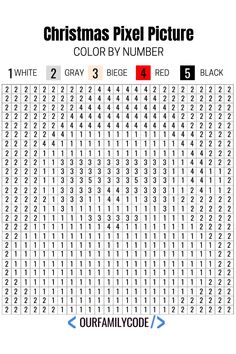 the christmas pixel picture color by number is shown in red, white and grey colors