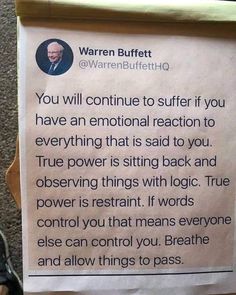 a sign posted on the side of a wall stating that you will continue to suffer if you have an emotional reaction to everything