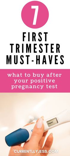 a person holding a thermometer in their hand with text overlay that reads, first trimester must - haves what to buy after your positive pregnancy test