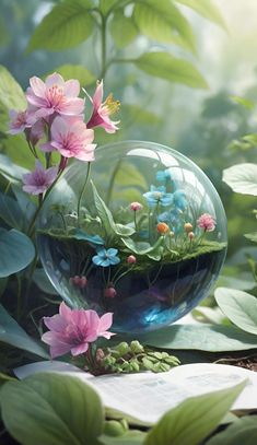 a glass bowl filled with flowers sitting on top of a lush green forest covered in leaves