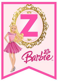 a barbie doll is standing in front of a pink and gold sign with the letter m on it