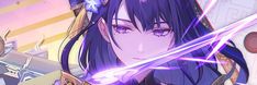 an anime character with purple hair and blue eyes holding two swords in her hand while looking at the camera