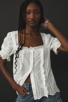 Cotton Button front Hand wash Imported | Puff-Sleeve Eyelet Top by Anthropologie in White, Women's, Size: 1 X, Cotton Cotton Eyelet Top, Anthropologie Outfits, Runway Outfits, Eyelet Blouse, Corset Mini Dress, Eyelet Top, Maxi Slip Dress, Fashion 2024, Summer Fashion Trends