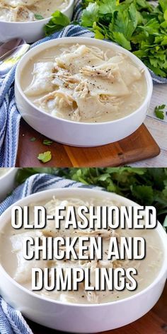 two bowls filled with chicken and dumplings on top of a wooden cutting board