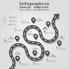 Road infographic timeline element layout. Vector stock illustration Road Infographic, Workflow Design, Infographic Timeline, Timeline Infographic Design, Graphic Deisgn, Logo Design Color Palette, Indesign Layout, Interactive Timeline