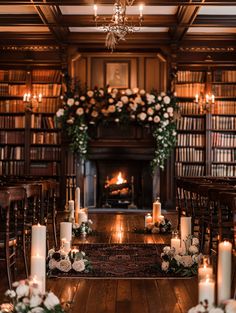 Timeless Library Wedding Ceremony Cozy Vintage Wedding, Historical Wedding Theme, Library Wedding Venue Ideas, Outlander Wedding Theme, Wedding In England, Train Wedding Theme, Wedding Fireplace Mantle Decor, Microwedding Venue Ideas, Storybook Wedding Theme