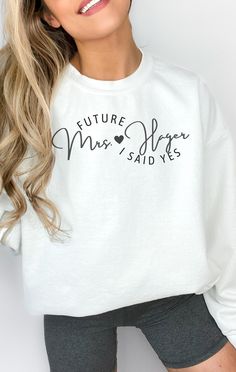 Personalized Future Mrs. Sweatshirt, I Said Yes, Bride to Be Gift Engaged Fiancée Sweatshirt Engagment Announcement For a larger, oversized look, please order 1-2 sizes LARGER than your normal size. *Please see our size chart in photos for sizing. ♥UNISEX SWEATSHIRTS♥ .:Gildan 50/50 cotton/poly .:Preshrunk, soft-washed, garment-dyed fabric .:Created with materials within the U.S.A. .: Fleece lined for superior softness and comfort ♥DESIGN INFO♥ Each design is pressed into the shirt fibers using Announcing Engagement, Mrs Sweatshirt, Basic Hand Embroidery Stitches, Wedding Bachelorette Party, Mrs Shirt, Gifts For Fiance, Engagement Announcement, Future Mrs