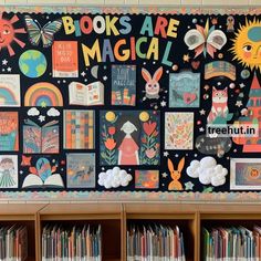 the books are magic bulletin board is decorated with colorful images and pictures on it's blackboard