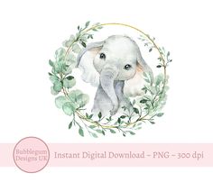 an elephant with leaves around it's neck and the words instant digital download png - 300 dpi