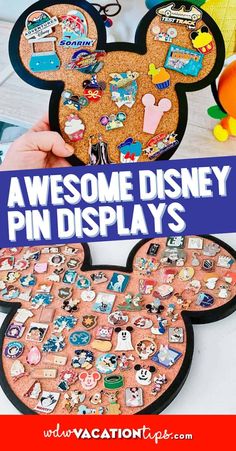 mickey mouse pin display with the words, awesome disney pin displays on it and an image of