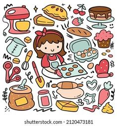 Set of Kawaii Baking Equipment Doodles Vector Clip Art Kitchen Doodle Art, Shopping Doodles, Kawaii Baking, Baking Drawing, Ux Design Principles, Kitchen Drawing, Baby Scrapbook Pages, Kawaii Clipart, Create This Book