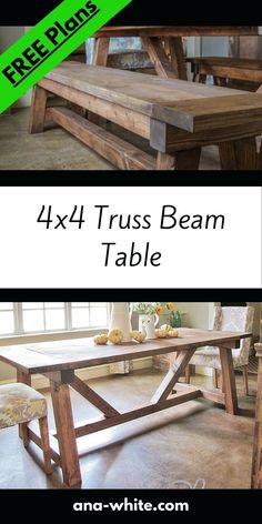 the table is made out of wood and has 4 x4 truss beams