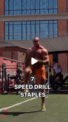 a man running on a field with the words speed drill staples in front of him