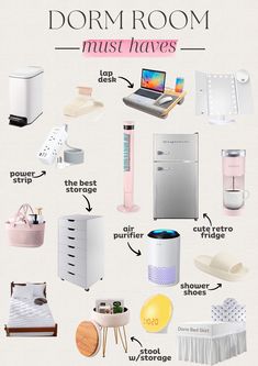 the dorm room must haves are organized in pink, white and grey colors with text overlay that says dorm room must haves