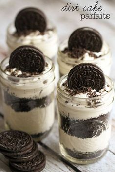 three cookies and oreo cookie desserts in mason jars