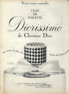 an advertisement for christian dior perfumes from the 1950's, with a hat on top