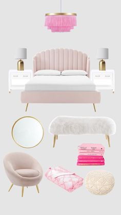 pink and white furniture with gold accents, including a couch, chair, ottoman, mirror,