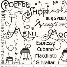 an advertisement for coffee shop with different types of writing on the front and back cover