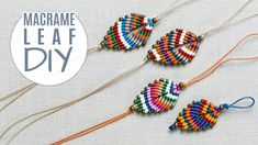 three colorful beaded fish ornaments are shown on a white background with the words macrame leaf diy