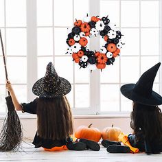 18in Halloween Fall Wreath for Front Door Black Orange White Artificial Pumpkin | eBay