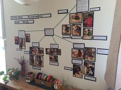 a family tree is displayed on the wall in front of a table with other items