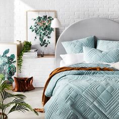 a bed with blue comforters and pillows in a bedroom next to a plant on the floor