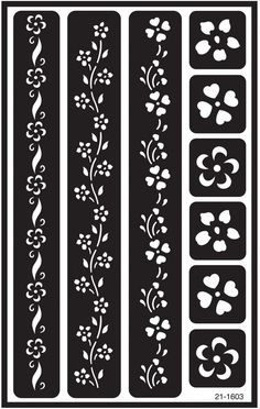 the stencil sheet is shown with flowers and hearts on it, as well as four