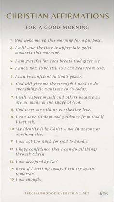 a sheet of paper with the words, christian affirmations for a god morning