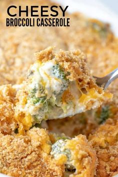 broccoli and cheese casserole in a white dish with a spoon scooping out