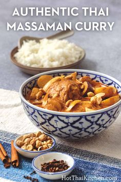 the cover of authentic thai masam curry, with two bowls filled with rice and nuts