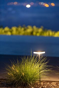 a light that is sitting on the ground by some grass and water in the background