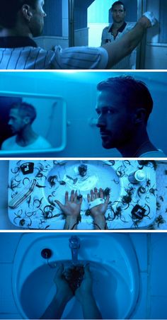 three different shots of a man in the bathroom with his hands on a sink and another person holding up a plate