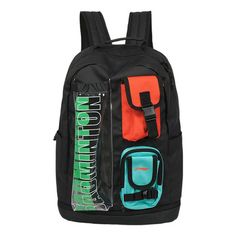 a black backpack with orange, blue and green items in it on a white background