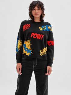 Long-sleeve crewneck sweater featuring jacquard-knit text graphics throughout. Artsy Outfit, Text Graphics, Jacquard Sweater, Galeries Lafayette, Jacquard Knit, Crewneck Sweater, Lifestyle Brand, Lifestyle Brands, Black Sweaters